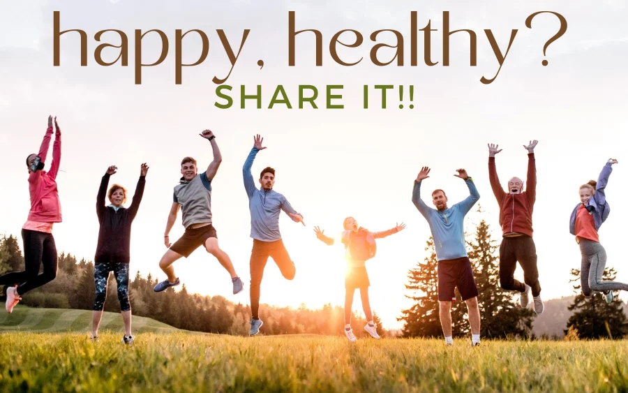 An image of a diverse age group jumping in the air. Text over it reads "Happy, healthy? Share it!!"